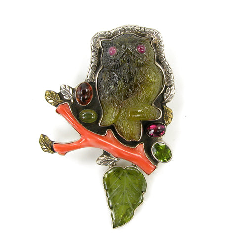 Tourmaline Owl on Branch Pin - Pendant