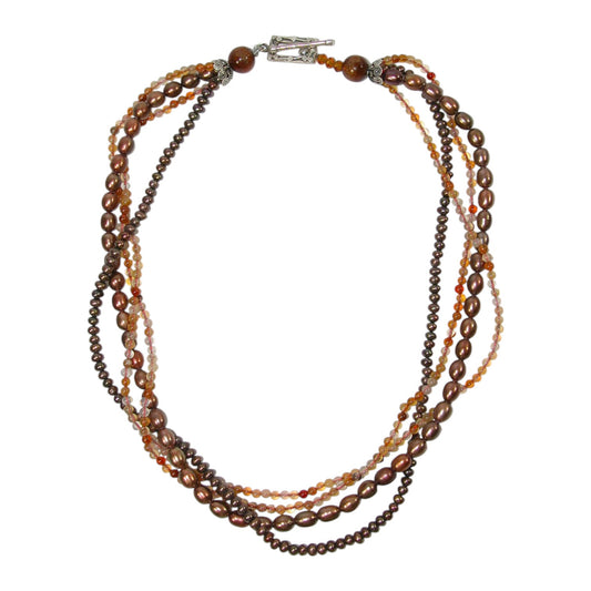 51871 Freshwater Pearl, Crystal, Agate Four Strand Beaded Sterling Silver Necklace