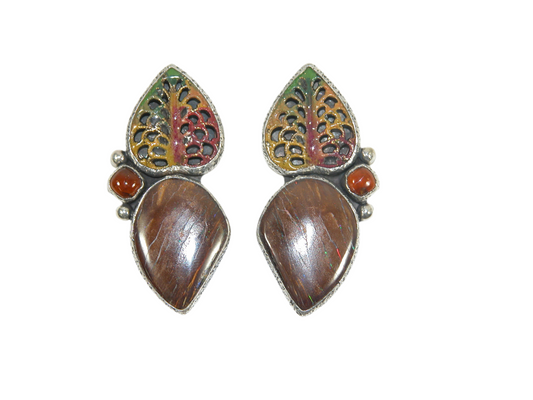 33007 Hand Enamel, Boulder Opal, Hessonite, Sterling Silver Earrings