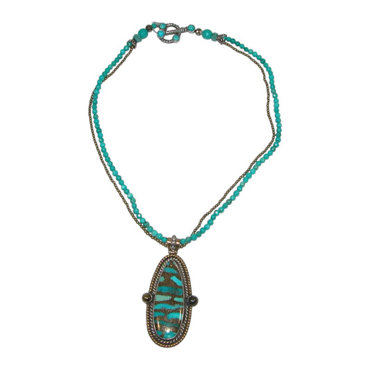 Turquoise, Copper, Chalco Pyrite Beaded Sterling Silver Necklace