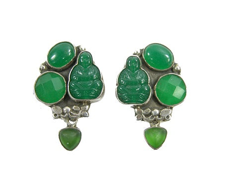 Green Jade Buddha Chrysoprase Cluster Sterling Silver Earring