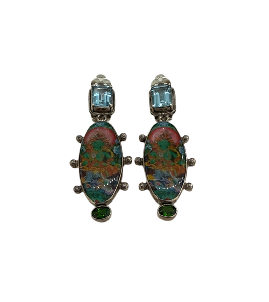 30821A Hand Enamel Hindi Oval Tile Aquamarine Earrings