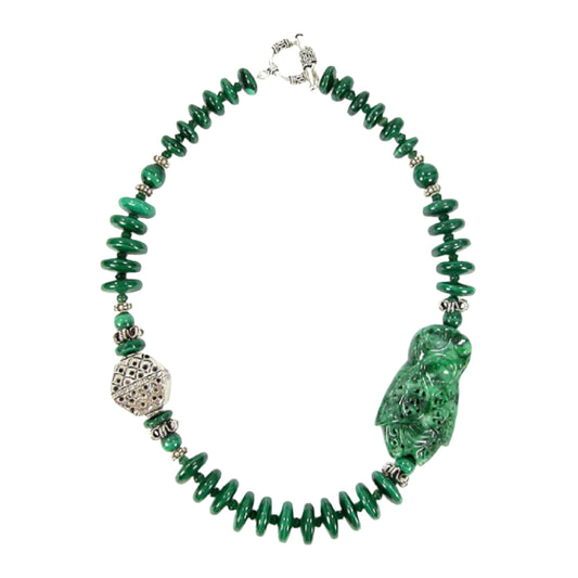 Malachite, Burmese Jade, Green Onyx Beaded Sterling Silver Necklace