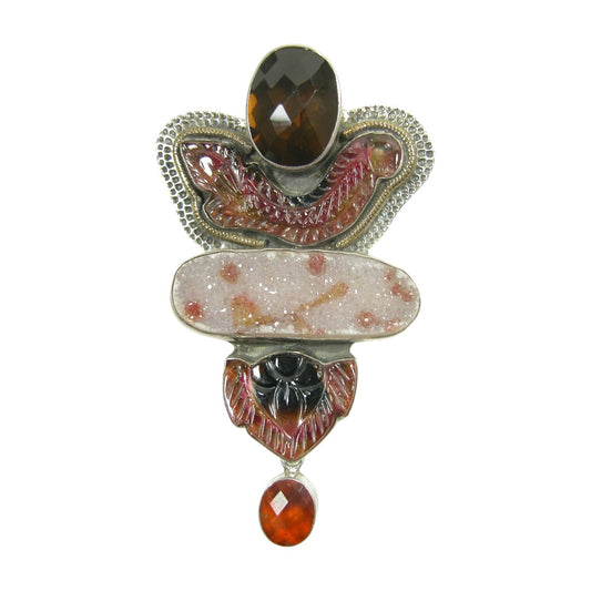 6445 Carved Tourmaline, Drusy Sterling Silver Pin and Pendant