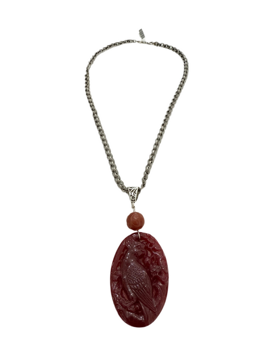 34230A Red Jasper Carved Parrot Sterling Silver Necklace