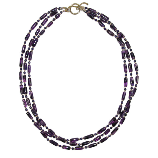 Purple Amethyst Three Strand Beaded Sterling Silver Necklace