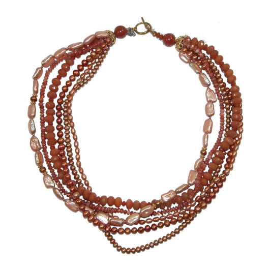 6989 Freshwater Pearl, Sunstone, Aventurine Six Strand Beaded Sterling Silver Necklace
