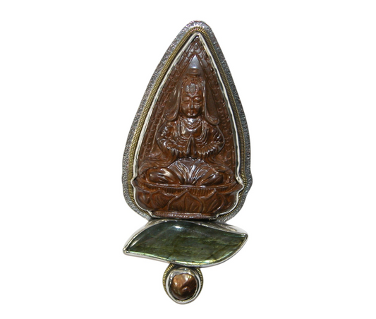 34194 Carved Buddha, Labradorite, Fresh Water Pearl, Pin & Pendant