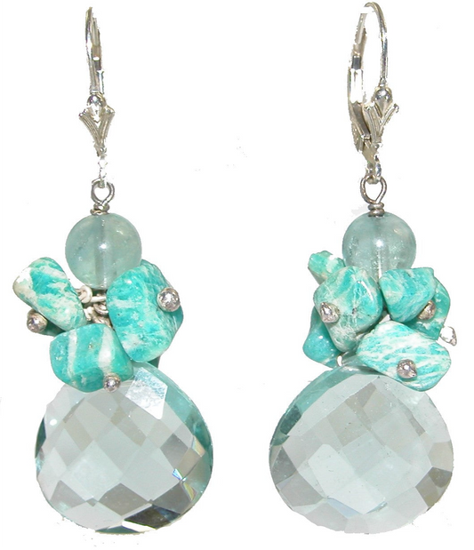 18305L Beaded Amazonite, Teal Dangle Earrings