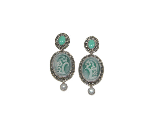 7107 Flower Cameo. Turquoise, Fresh Water Pearl, Sterling Silver Earrings