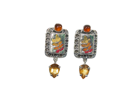 33361 Amber, Citrine, Leaf Enamel, Sterling Silver Earrings