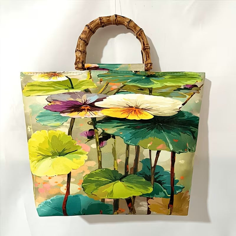 Printed Lily Pad Bamboo Handle Tote Bag GF5035
