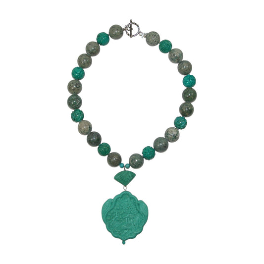 Hand Carved Turquoise, Agate Beaded Sterling Silver Necklace