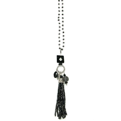Black Onyx Beaded Tassel Sterling Silver Necklace