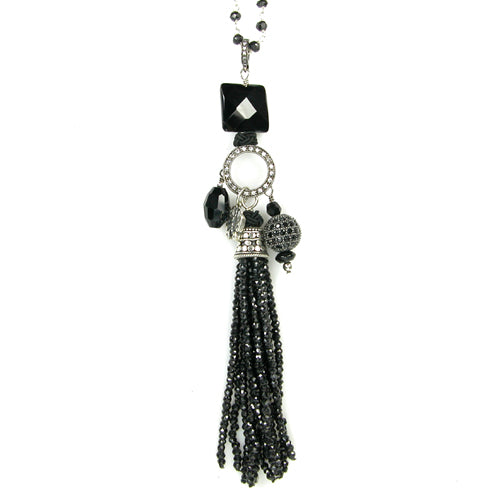 Black Onyx Beaded Tassel Sterling Silver Necklace