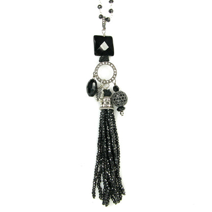 7203 Black Onyx Beaded Tassel Sterling Silver Necklace