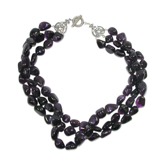 Amethyst Three Strand Beaded Sterling Silver Necklace