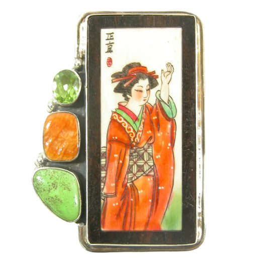 77723 Hand Painted Fossil Ivory Peridot Spiny Oyster Turquoise Sterling Silver Pin Pendant