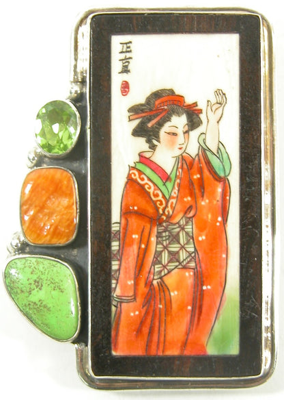 77723 Hand Painted Fossil Ivory Peridot Spiny Oyster Turquoise Sterling Silver Pin Pendant