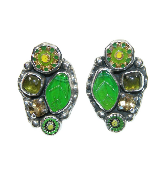 Peridot Flower Green Cluster Sterling Silver Earrings