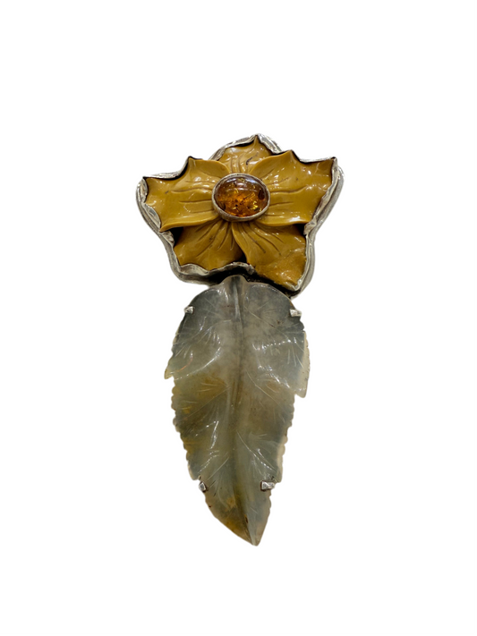 33079 Hand Carved Jasper Flower, Amber, Sterling Silver Pin & Pendant