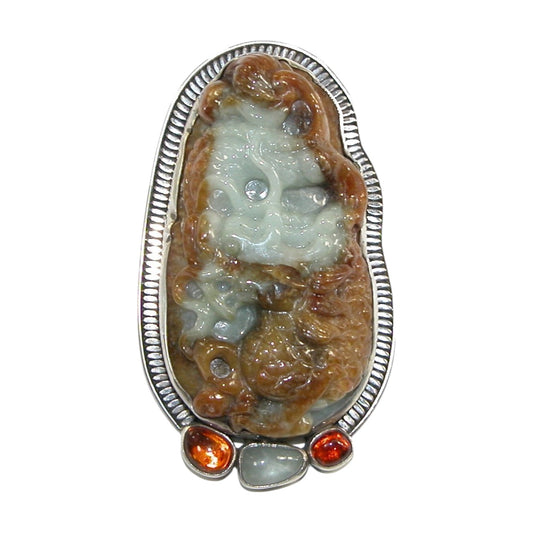 Hand Carved Jade, Moonstone, Hessonite Sterling Silver Pin and Pendant