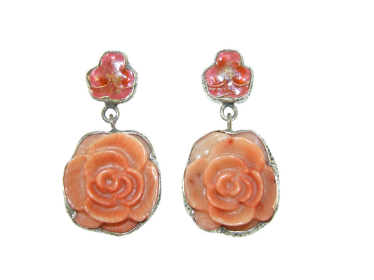 32192 Hand Enameled Peach Rose, Sterling Silver Earrings