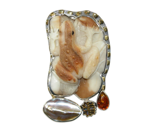 34189 Hand Carved Frog, Mabe Pearl, Amber, Pin & Pendant