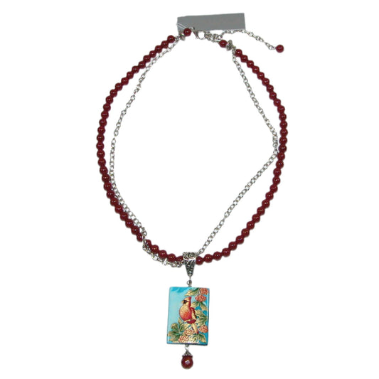 Hand Painted Bird, Black Onyx, Carnelian Sterling Silver Beaded Necklace