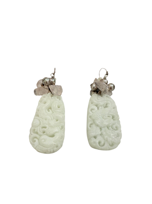 17909 White Carved Dragon Rose Quartz Sterling Silver Earrings