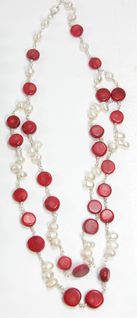 N5247 Fresh Water Pearl, Red Stone Necklace