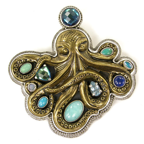 Octopus Blue Gemstone Sterling Silver and Brass Pin and Pendant