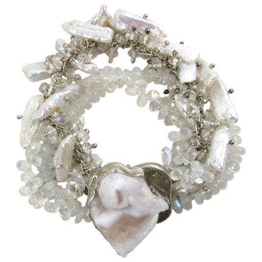 86917 Freshwater Pearl, Moonstone, Natural Calcite Sterling Silver Bracelet