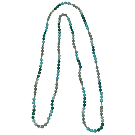Green Aventurine, Turquoise, Azurite, Malachite Extra Long Sterling Silver Beaded Necklace