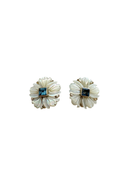33502 Carved Mother of Pearl, Blue Topaz, Sterling Silver Earrings
