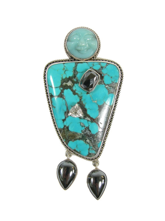 9108 Turquoise Hematite and Crystal on Sterling Silver Pin Pendant