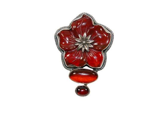 32184 Hand Carved Carnelian Flower, Baltic Amber, Sterling Silver Pin and Pendant