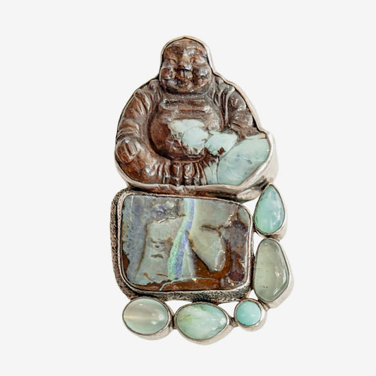9409 Hand-Carved Boulder Opal Buddha, Moonstone Pin / Pendant
