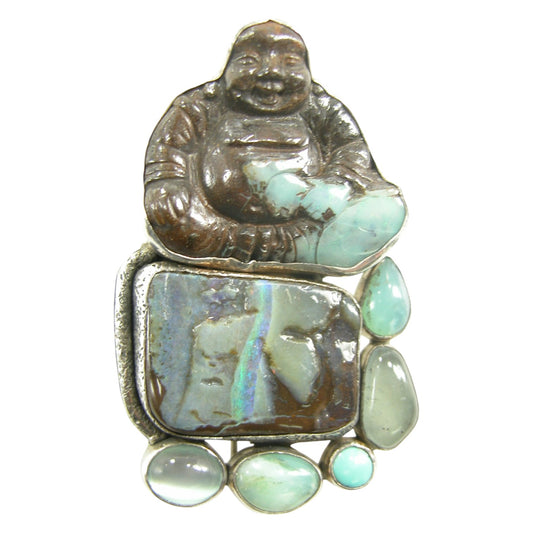 Boulder Opal, Moonstone, Turquoise, Aquamarine Buddha Sterling Silver Pin and Pendant