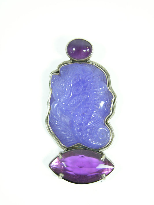9492 Hand Carved Seahorse with Amethyst Sterling Silver Pin Pendant