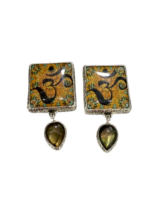 33373A Hand Enamel Zen Tile, Labradorite, Sterling Silver Earrings