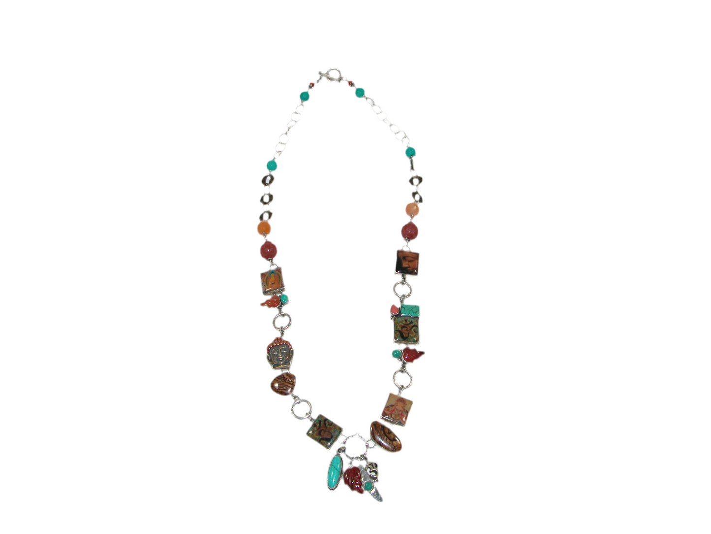 29972A Buddha, Carved Carnelian, Turquoise, Sterling Silver Necklace
