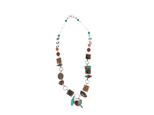29972A Buddha, Carved Carnelian, Turquoise, Sterling Silver Necklace
