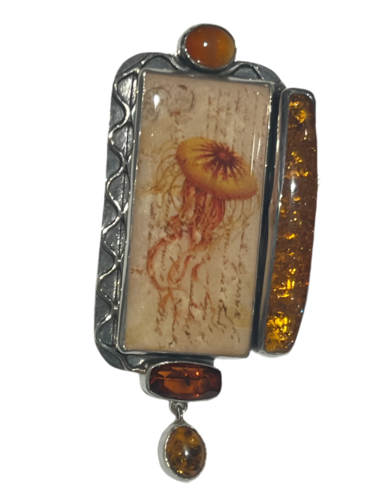 31403 Hand Enameled Jellyfish Tile, Amber, Carnelian