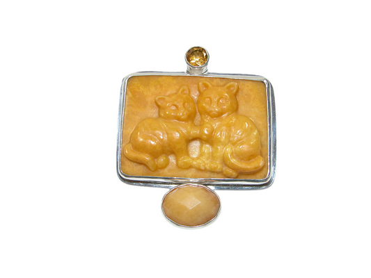 32649 Carved Cat Citrine Sterling Silver Pin and Pendant