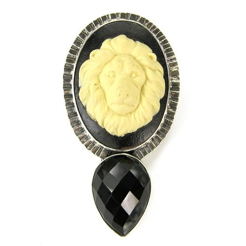 Carved Lion Onyx Sterling Silver Pin Pendant