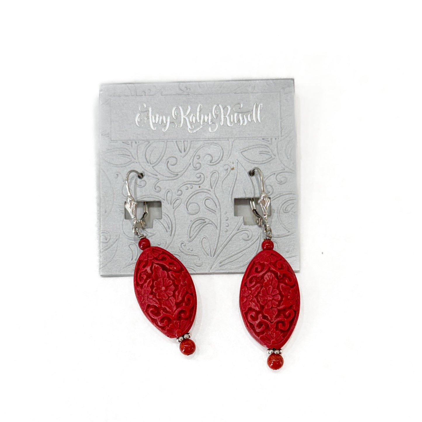 17698L Hand-Carved Cinnabar, Sea Bamboo, Sterling Silver Earrings