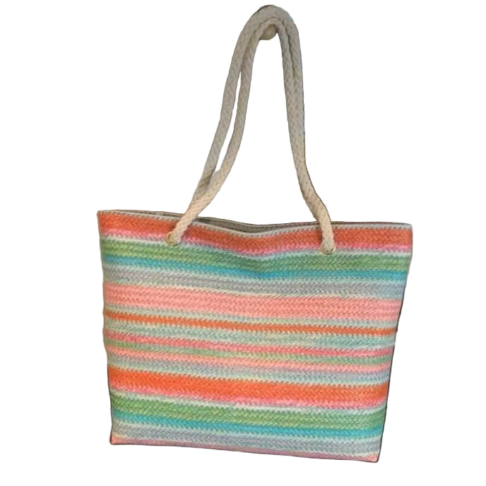 Woven Tote Multi Color Stripes Braided Rope GF5032 Pinks and Greens