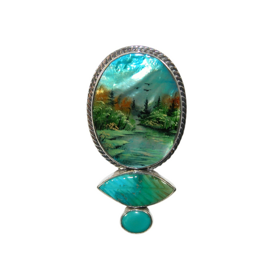 34184 Hand Painted Mother of Pearl Landscape, Turquoise, Pin & Pendant