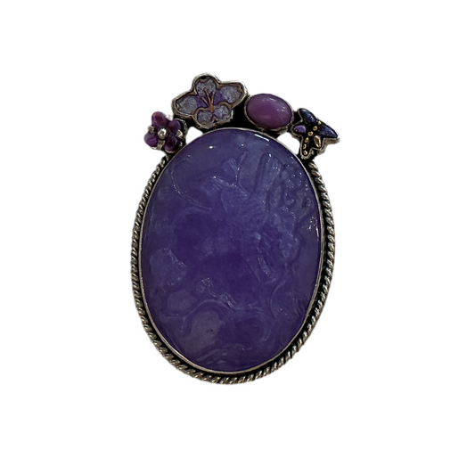 20626B Carved Purple Quartz Birds Sterling Silver Pin and Pendant